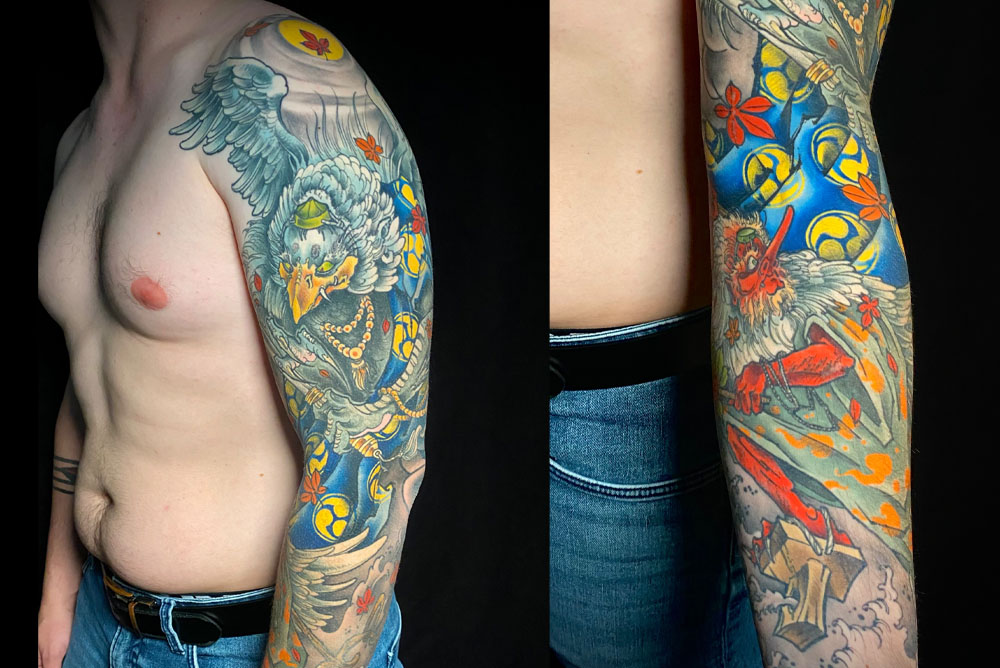 Meilleur tatoueur tatoueuse sur Bordeaux Talence japonais tengu couleur floral tatou tattoo tatouage tatouages