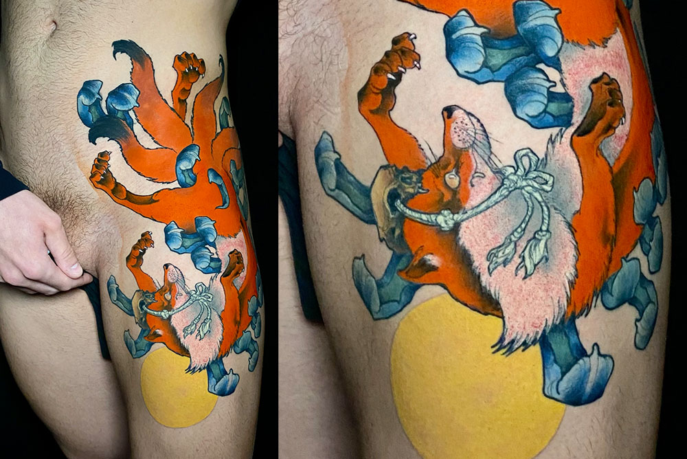 Meilleur tatoueur tatoueuse sur Bordeaux Talence japonais kitsune couleur floral tatou tattoo tatouage tatouages